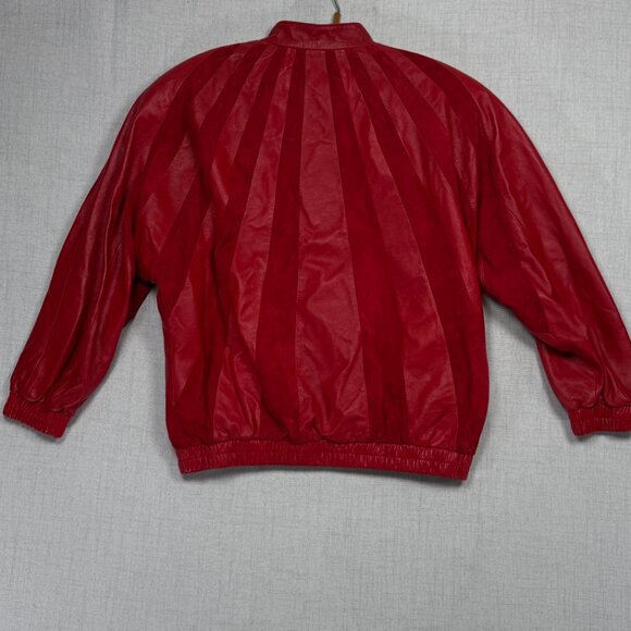 Vintage 80s Red Leather Suede Panel Jacket Batwing Button Front Bomber Size 36 - Picture 2 of 14